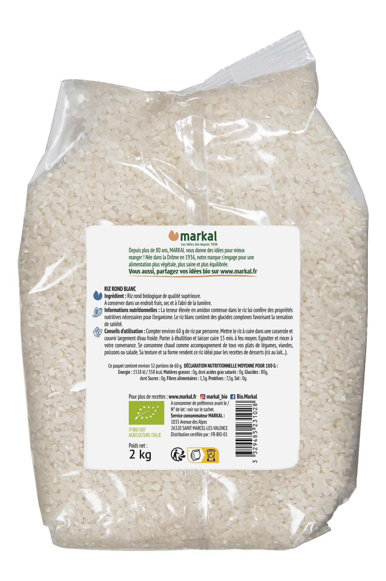 Riz rond blanc Italie bio 1 kg Markal 