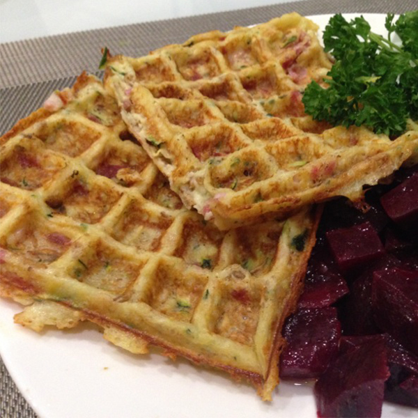 Gaufres lardons courgette et flocons de céréales