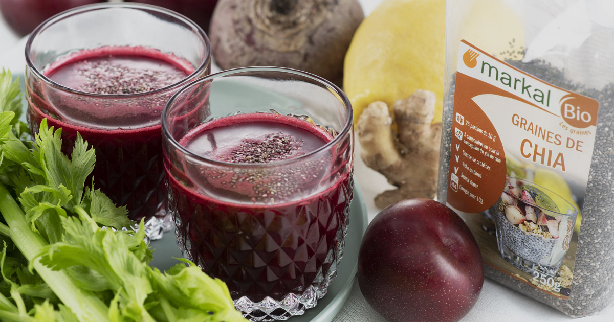 Jus détox betterave, céleri, prune, citron et gingembre - Markal bio