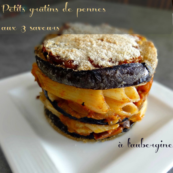 Petits gratins de penne 3 saveurs aux aubergines