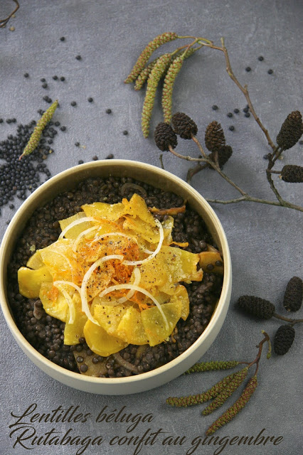 Salade de lentilles tiède et rutabaga confit au gingembre