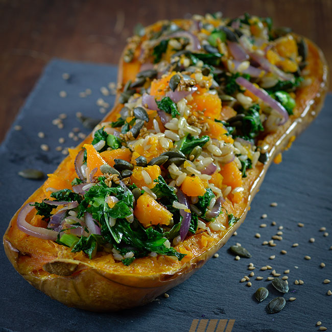 Courge butternut farcie au riz complet de camargue