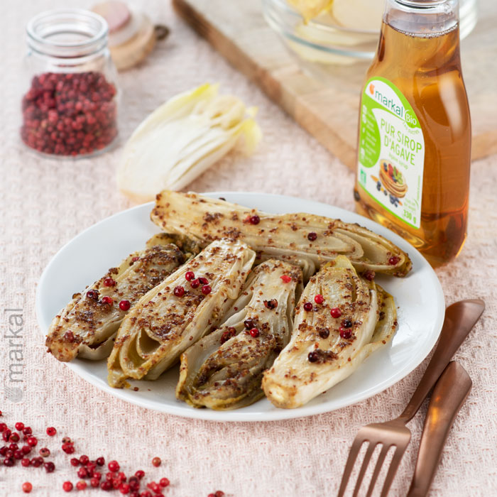 Endives braisées au sirop d'agave et moutarde à l'ancienne