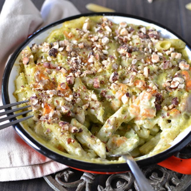 Gratin de pennes, courge et champignons