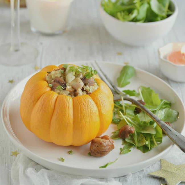 Courge farcie au quinoasotto, champignons et châtaignes