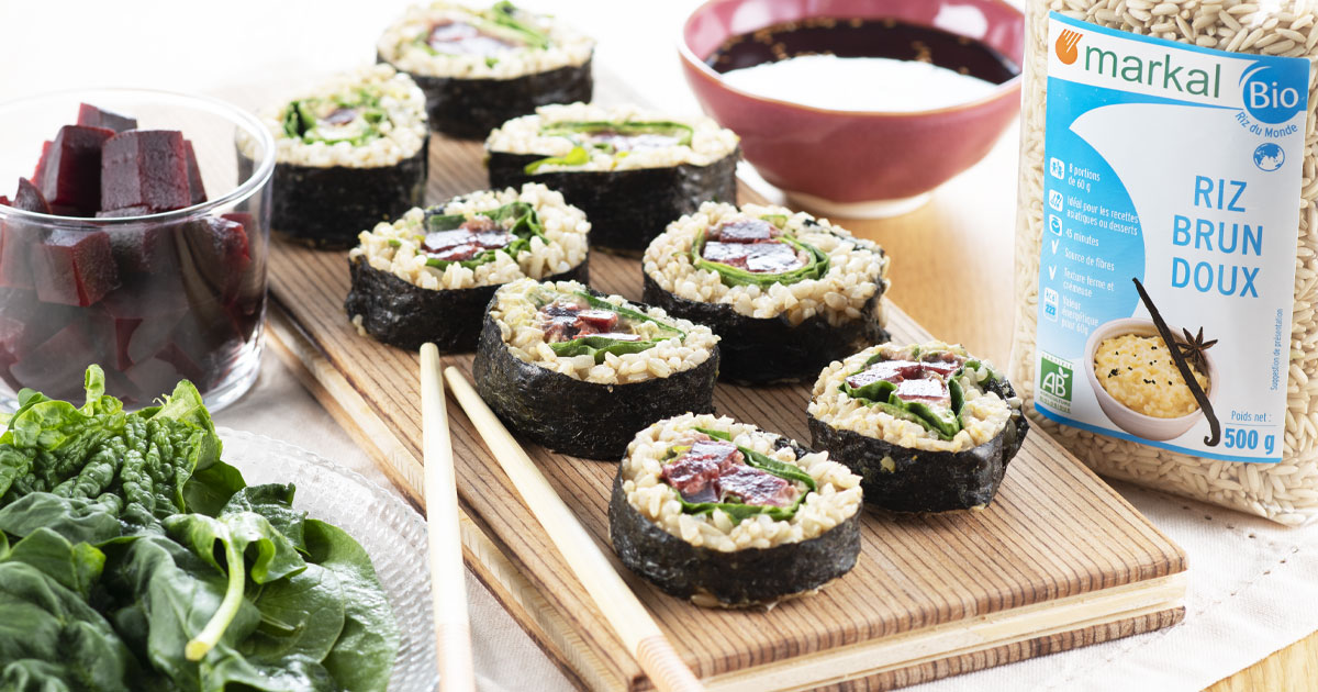 Makis veggies au houmous de petits pois et betterave