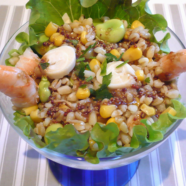 Salade de blé aux crevettes et fèves vertes