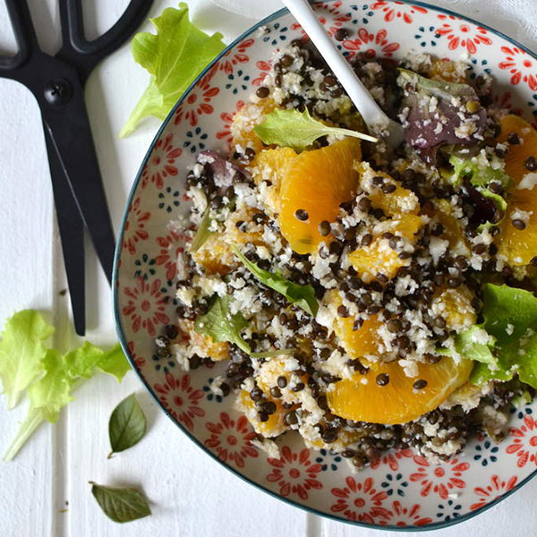 Salade de lentilles noires Beluga, chou-fleur et orange { Mi-cru, mi-cuit }