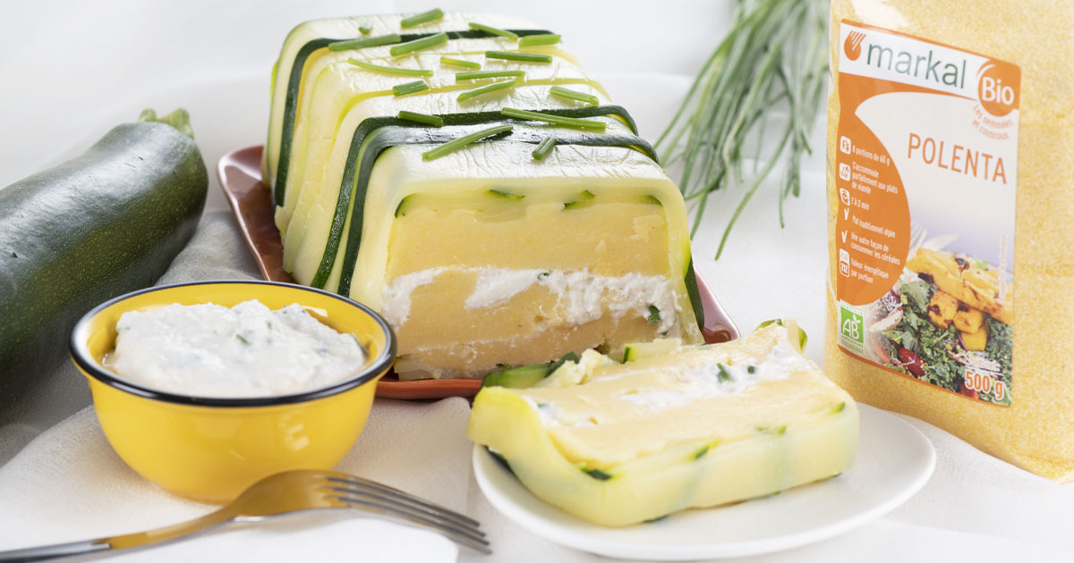 Terrine de courgettes, brousse de chèvre et polenta