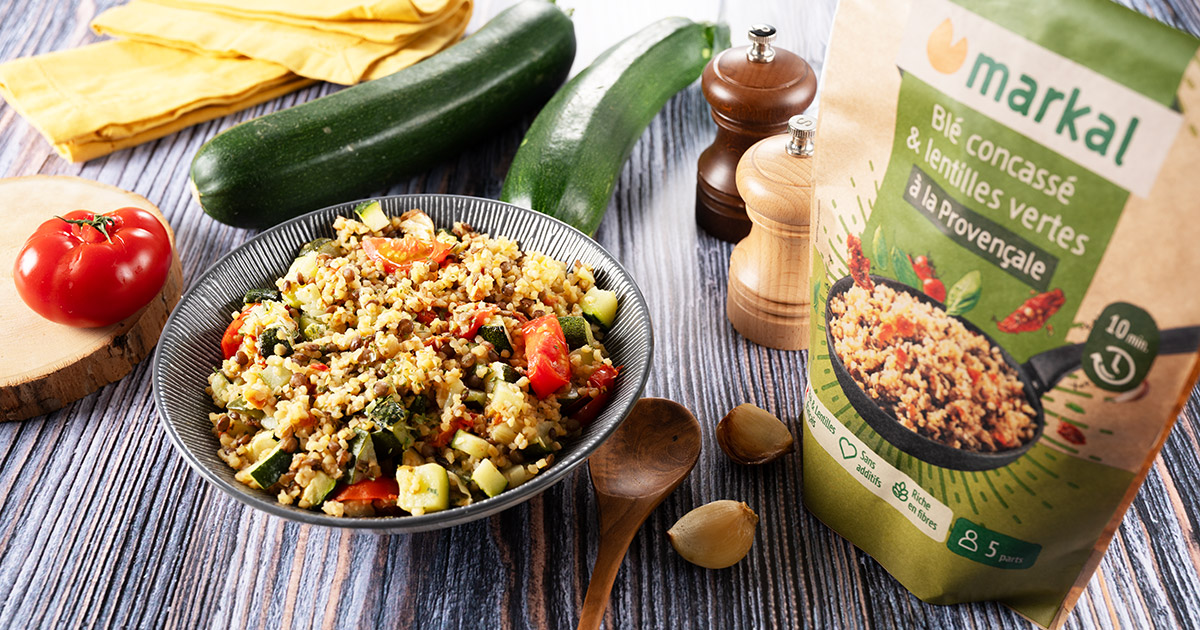 Mélange de blé et lentilles vertes, à la provençale et ses légumes rôtis 