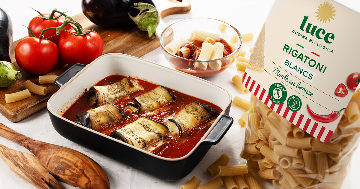 Involtini à l’aubergine et mozarella, accompagné de rigatoni