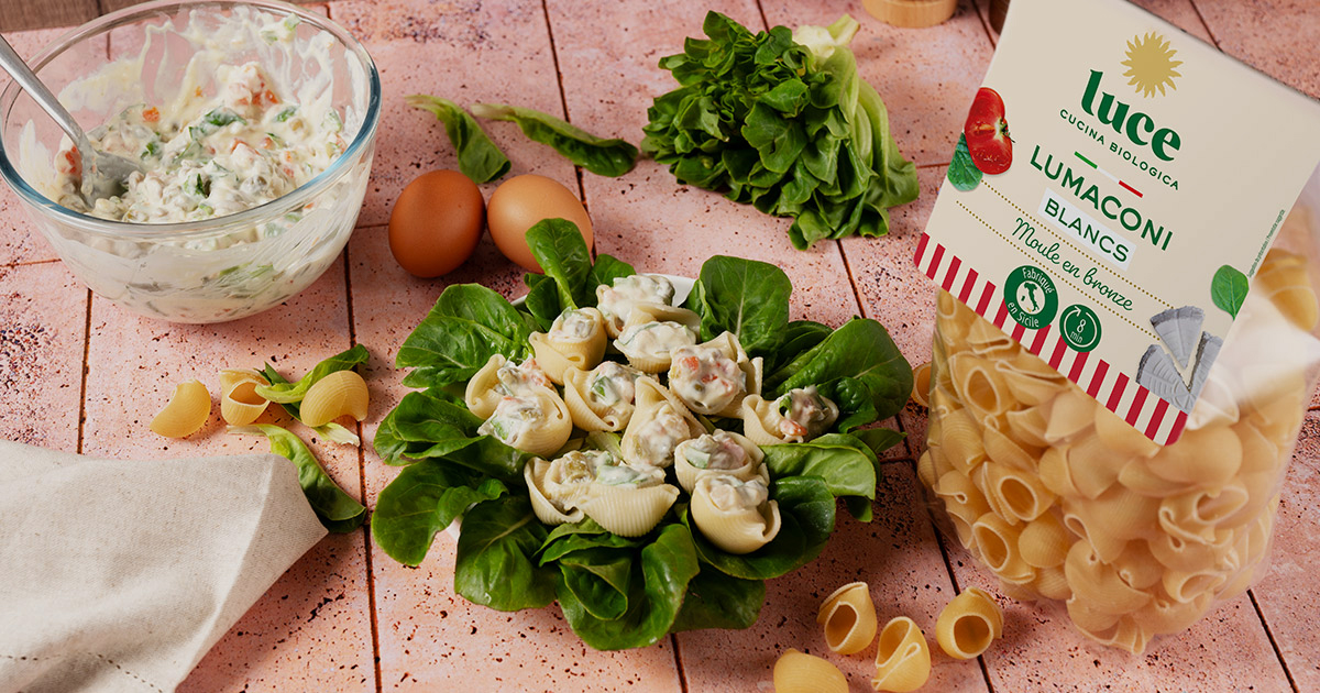 Salade de lumaconi farcies à la macédoine avec mayonnaise légère maison